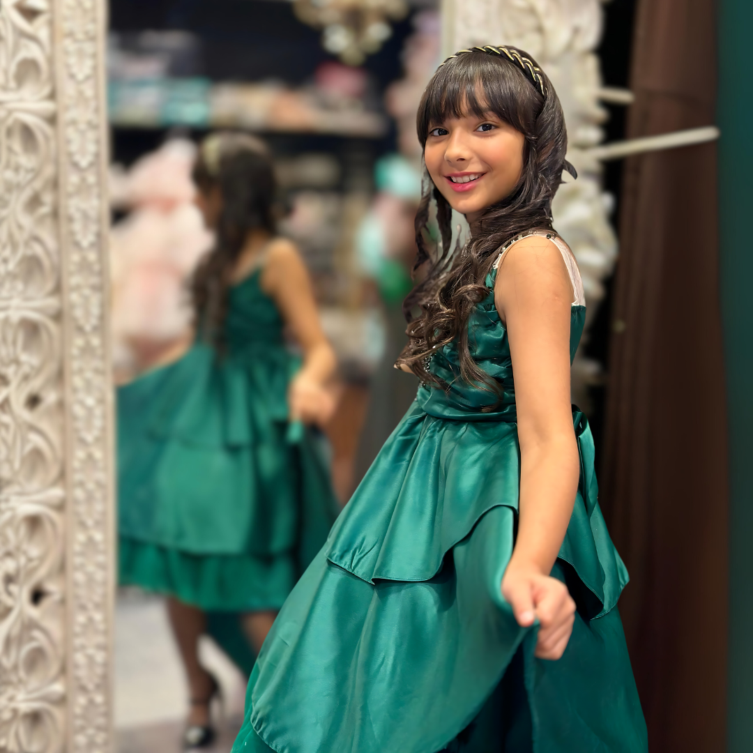 AMIYAH SATIN TIERED DRESS - EMERALD GREEN