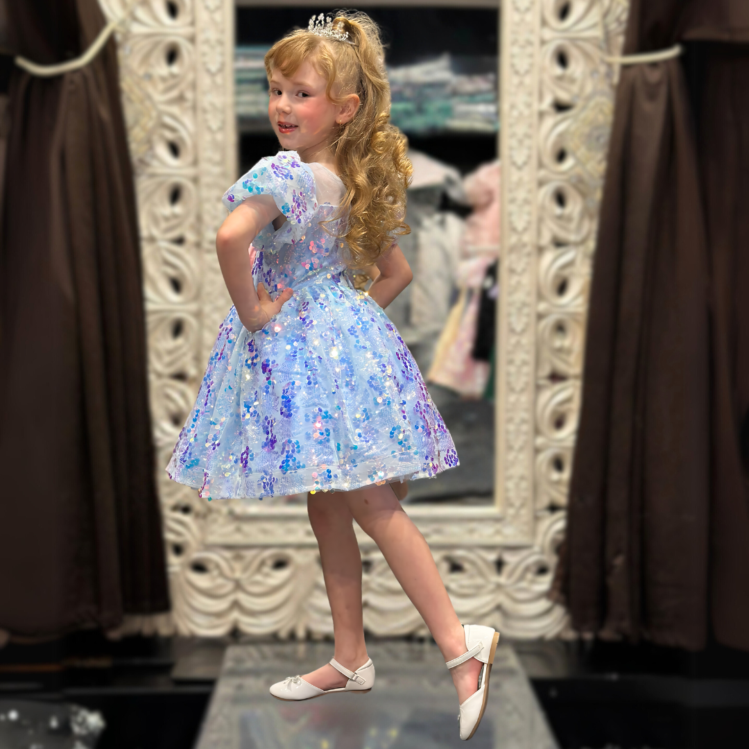 DIAMOND SEQUIN PUFFY DRESS - CRYSTAL BLUE