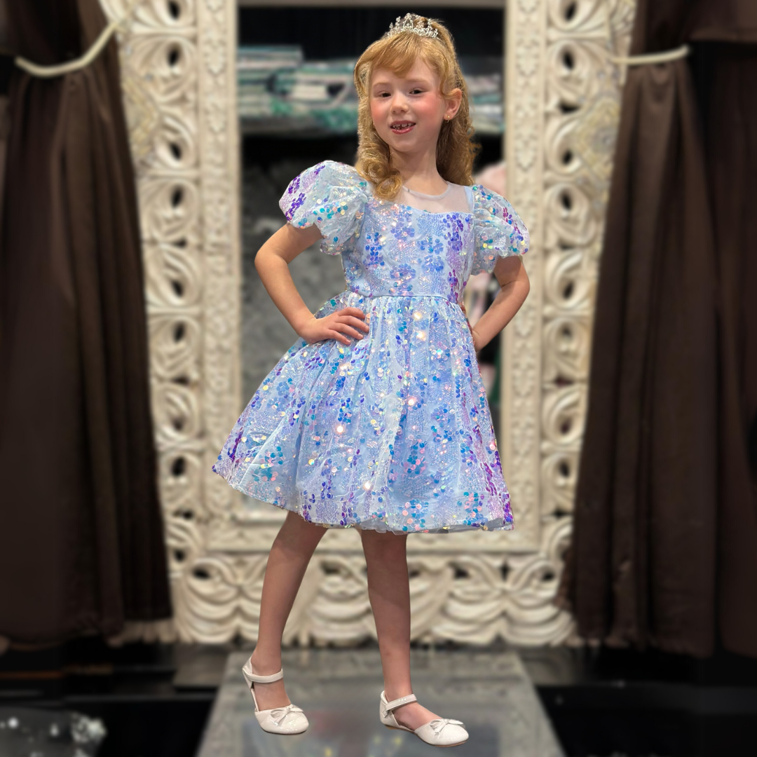 DIAMOND SEQUIN PUFFY DRESS - CRYSTAL BLUE