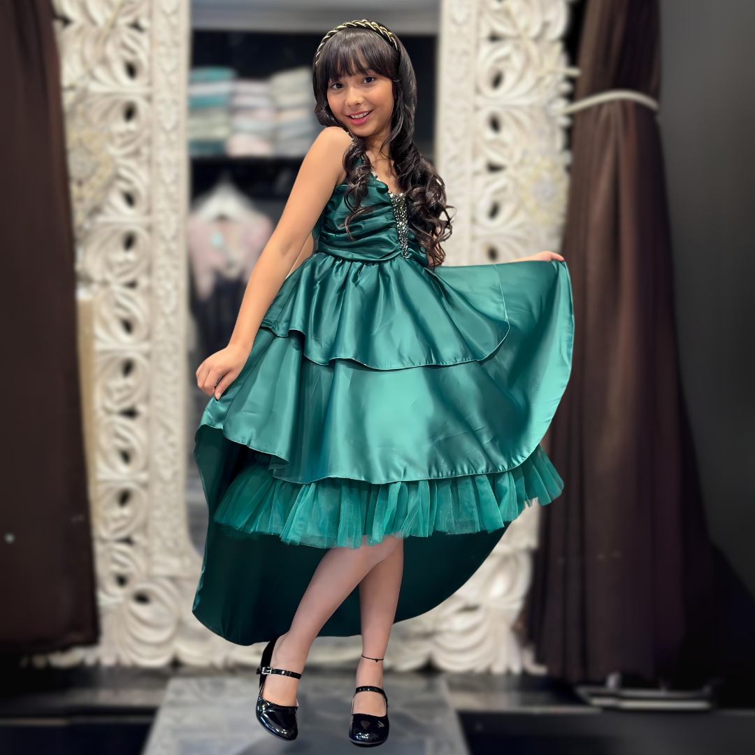 AMIYAH SATIN TIERED DRESS - EMERALD GREEN