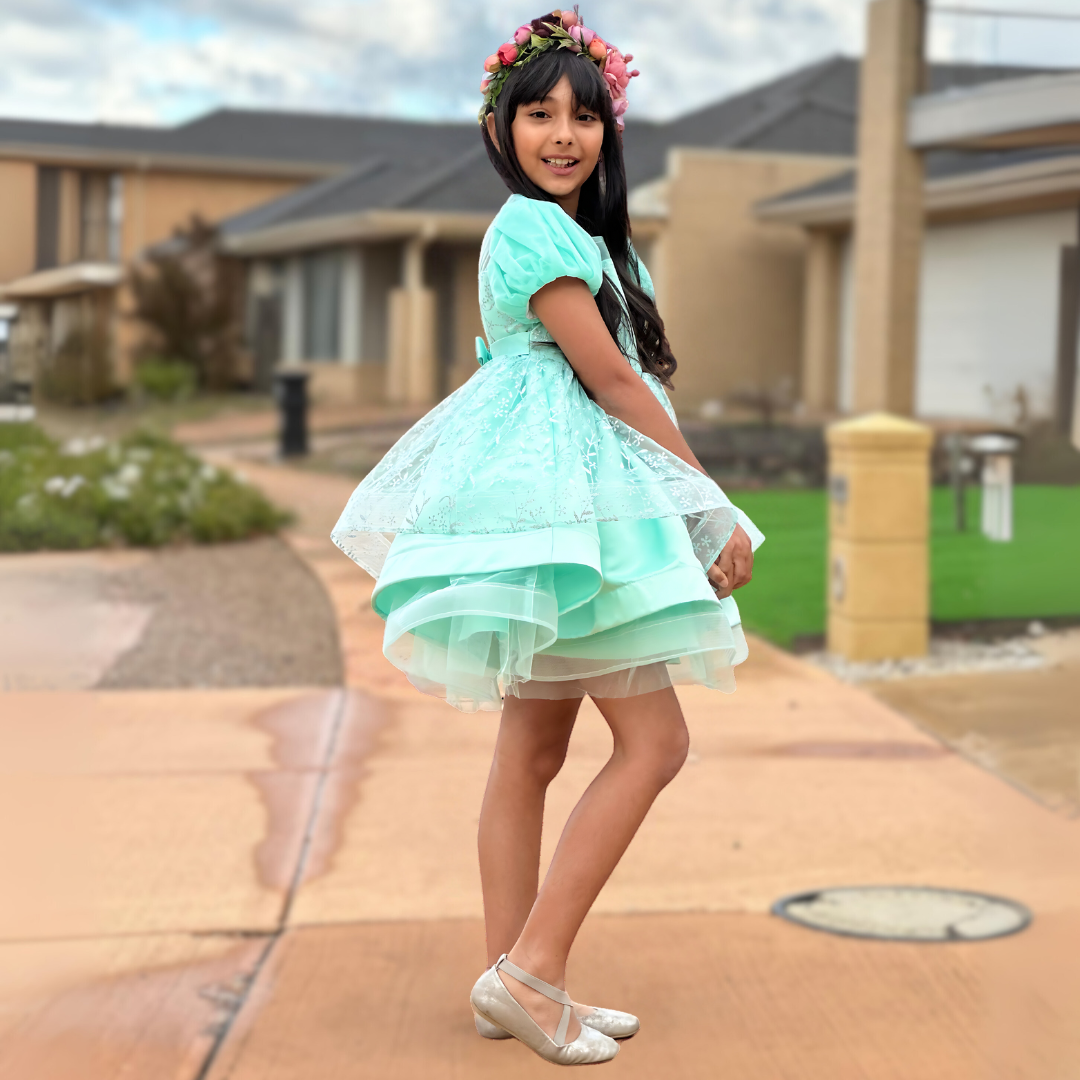 ALAMANDA GLITTERED PUFFY DRESS - MINT