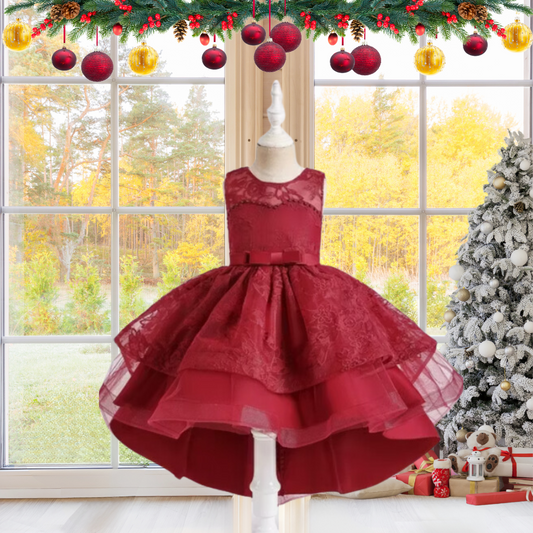 CHRISTMAS KIDS DRESS FLOWER EMBROIDERED TULLE GOWN