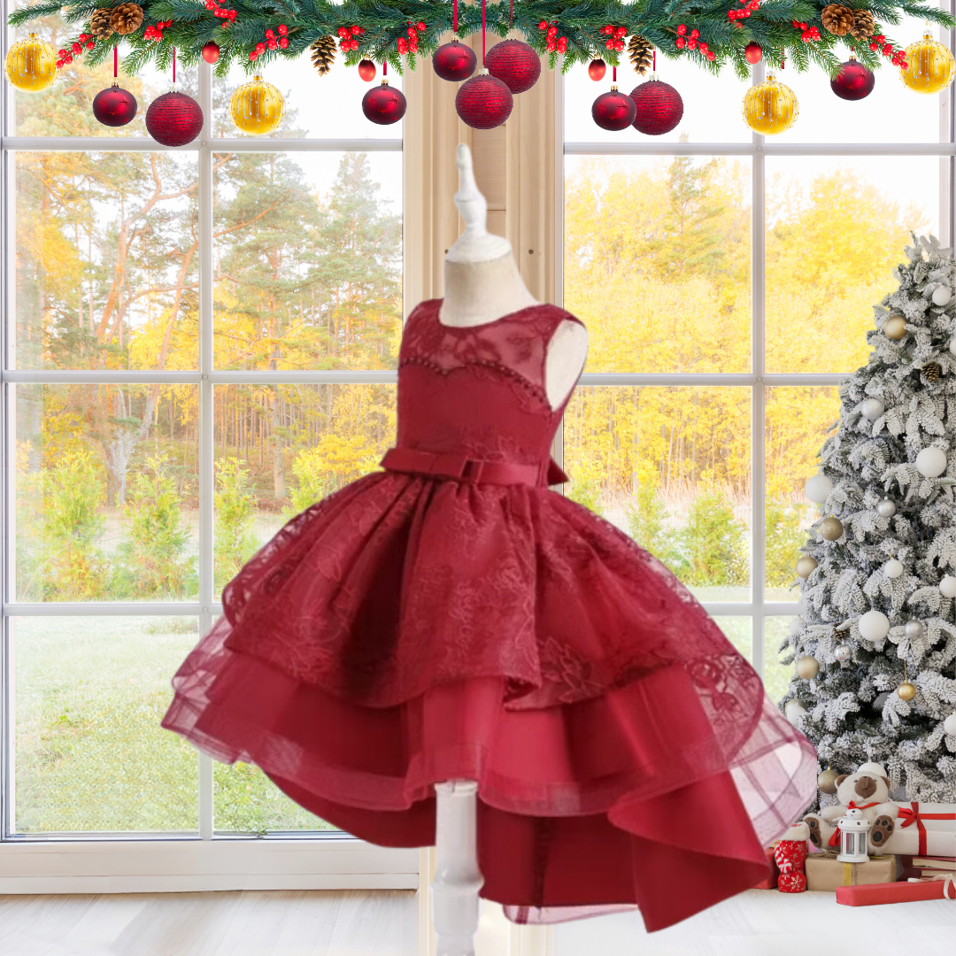 CHRISTMAS KIDS DRESS FLOWER EMBROIDERED TULLE GOWN