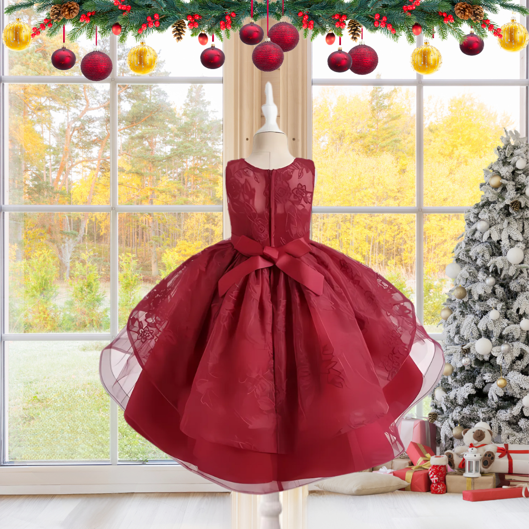 CHRISTMAS KIDS DRESS FLOWER EMBROIDERED TULLE GOWN