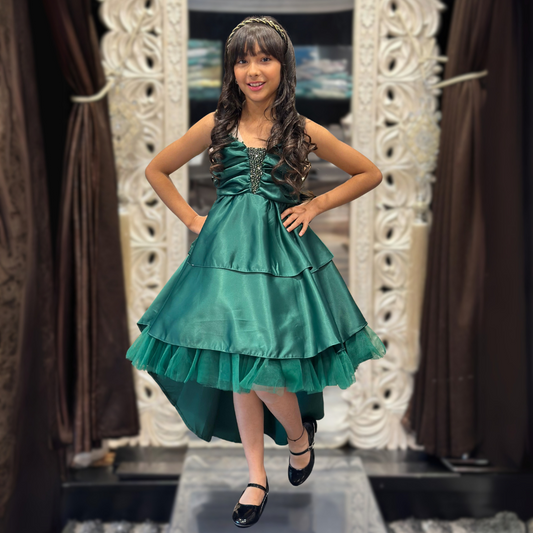 AMIYAH SATIN TIERED DRESS - EMERALD GREEN