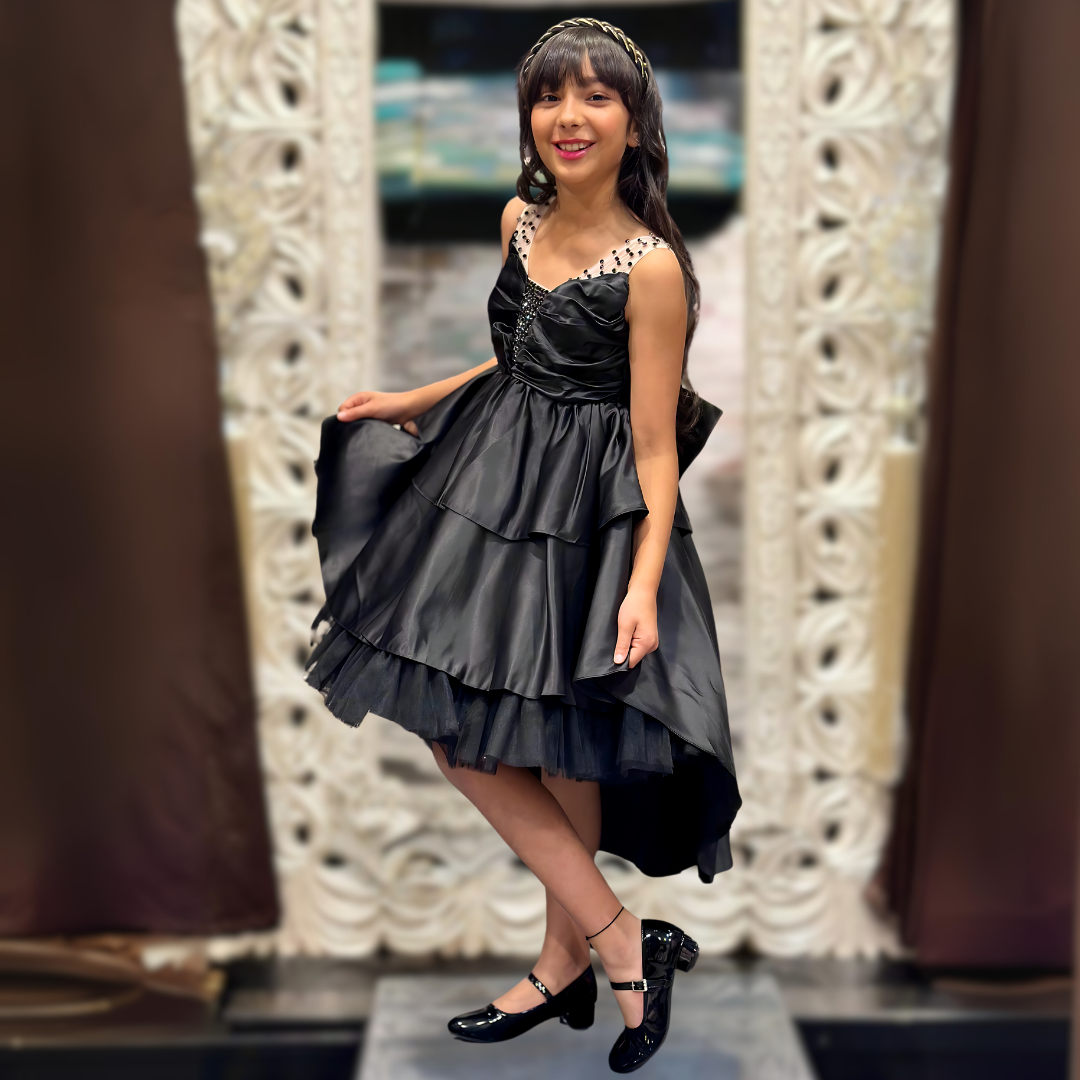 NYLAH SATIN TIERED DRESS - BLACK